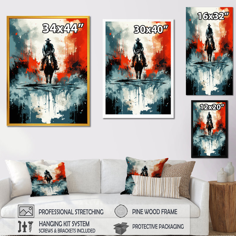 «Blue and Red Cowboys Journey» - art mural Cowboys, Cadre photo noir, H 20 po x l 12 po x P 1 po