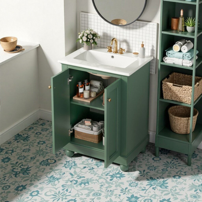 Meuble-lavabo simple 24 po avec lavabo en céramique, tablette ouverte, 2 tiroirs 24 po, Green