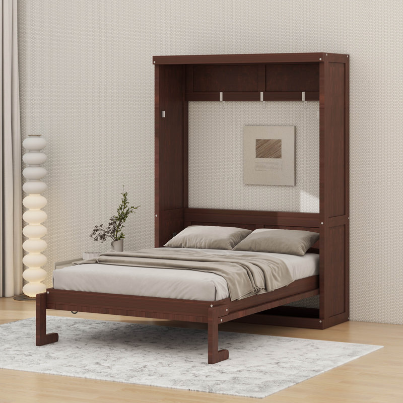 Lit escamotable mural simple, armoire en bois de pin avec lit et bureau pliables cachés, Espresso