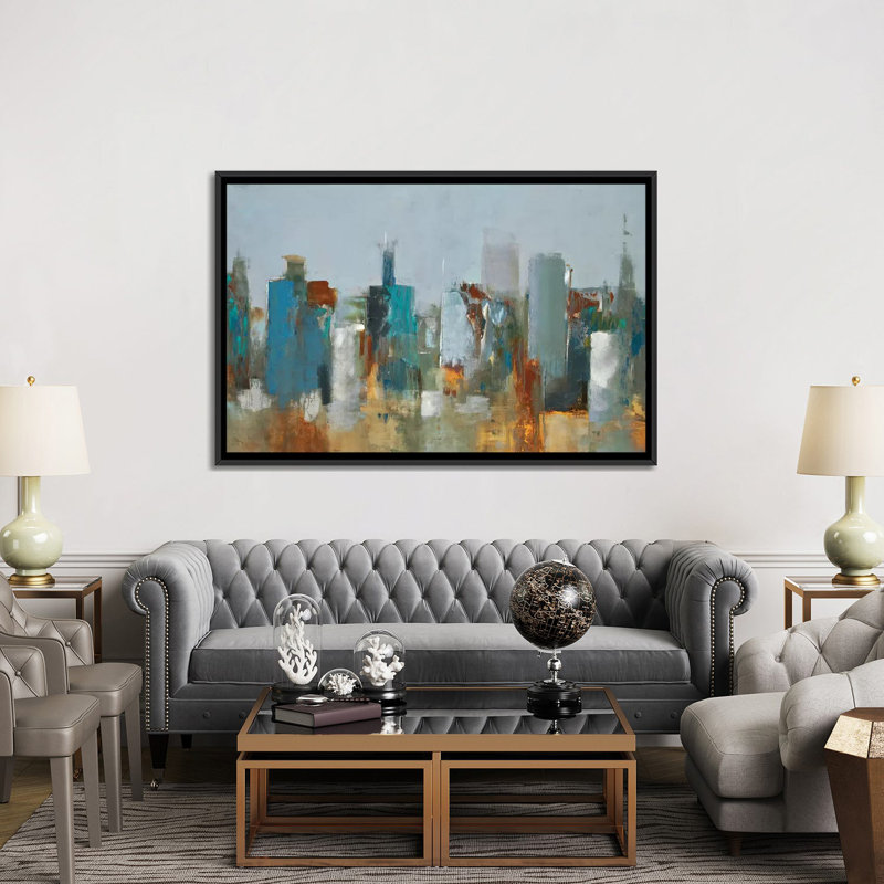 « cityscape », impression sur toile, H 18 po x l 26 po x P 1,5 po, Toile avec cadre noir, Pas de tapis