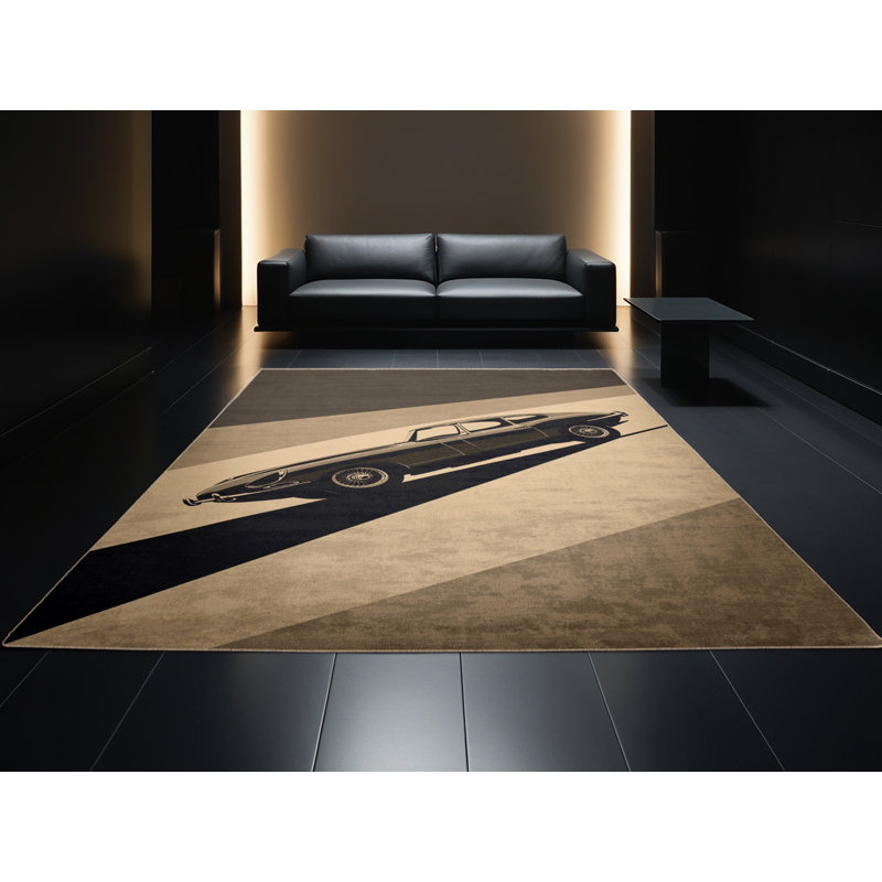Machine Washable Vehicles And Transportation Classic Luxury Car Posh & Luxe Rug in Brown – Beige Binding, 2x5