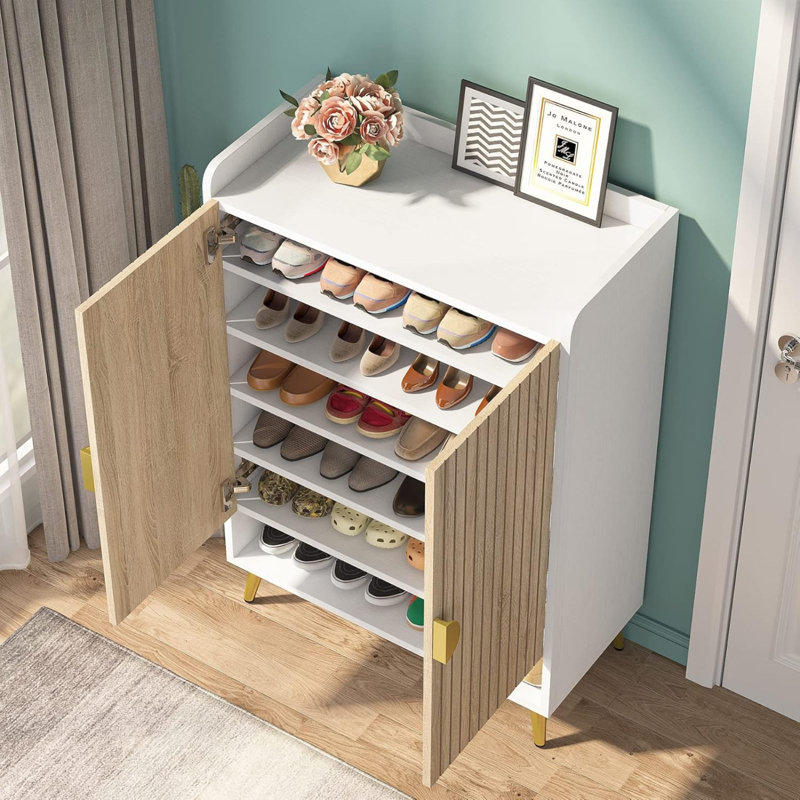 Range-chaussures en bois naturel et naturel 29,6 po avec portes et rangement à chaussures à 7 niveaux, Blanc/naturel