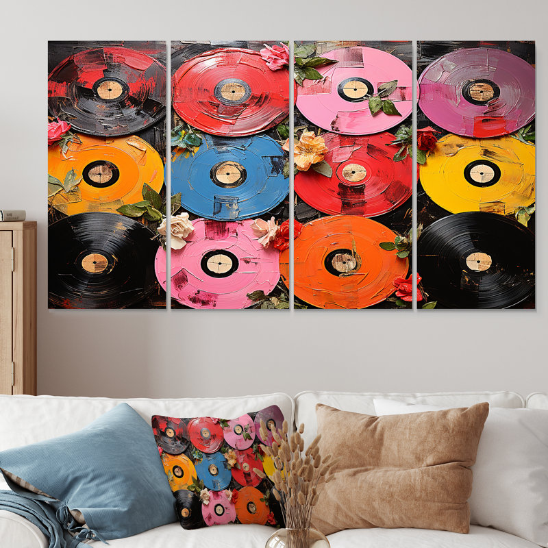 Colourful Vinyle disques Melody - Ensemble de 4 pièces d'art mural, H 32 po x l 64 po