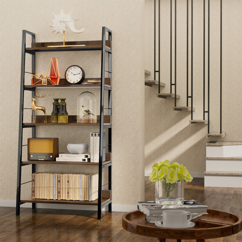 Industrial Ladder Shelf, Rustic 5 Tier Leaning Bookshelf, Wood Metal Ladder Bookcase, Plant Flower Stand Rack Book Storage Shelves For Living Room, Bedroom, Home Office