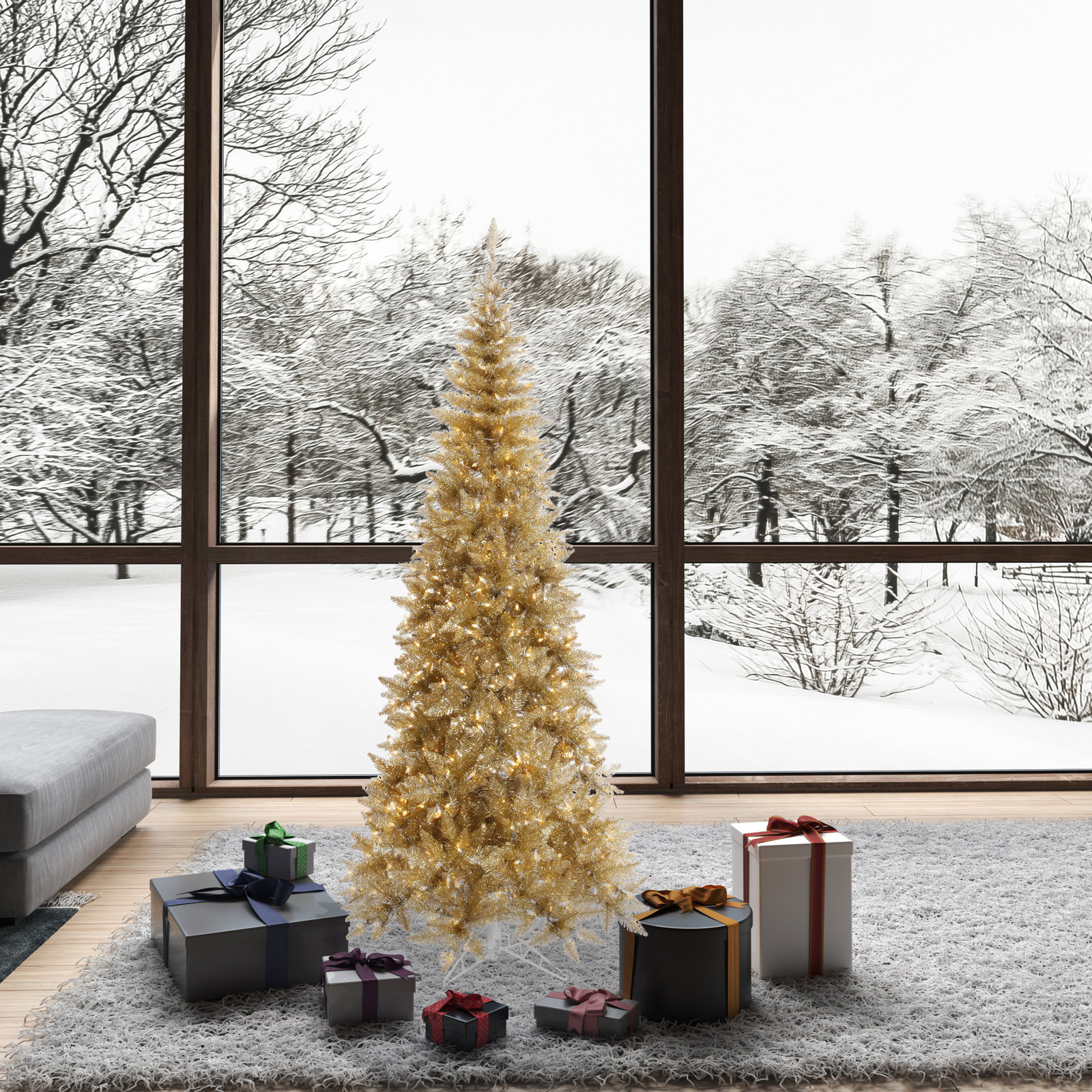 Champagne Tinsel Fir Slim Artificial Christmas Tree, 6.5' H, Warm White LED