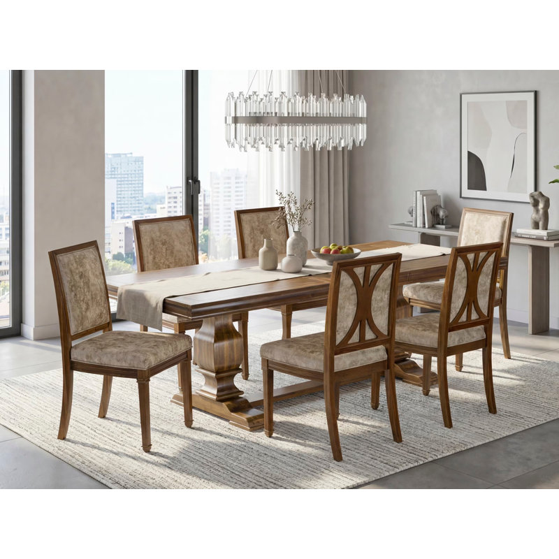 L'ensemble de salle à manger 7 pièces se compose d'une table et de 6 chaises de cuisine en similicuir gris foncé avec dossier haut - finition noyer antique