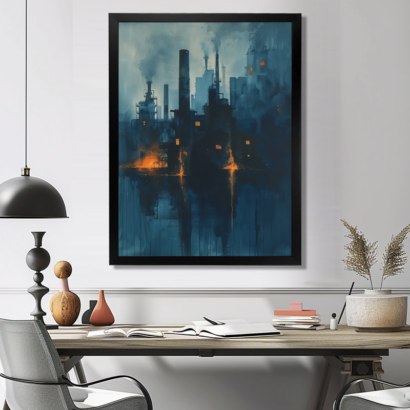 Impression d'art mural jaune et bleu de l'usine Metropolis I - usines, Toile encadrée noire simple