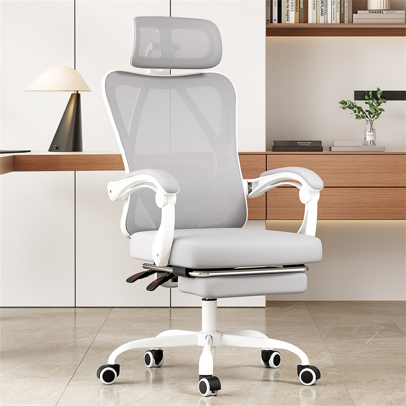 Chaise de bureau ergonomique avec repose-pieds, Gris, Blanc