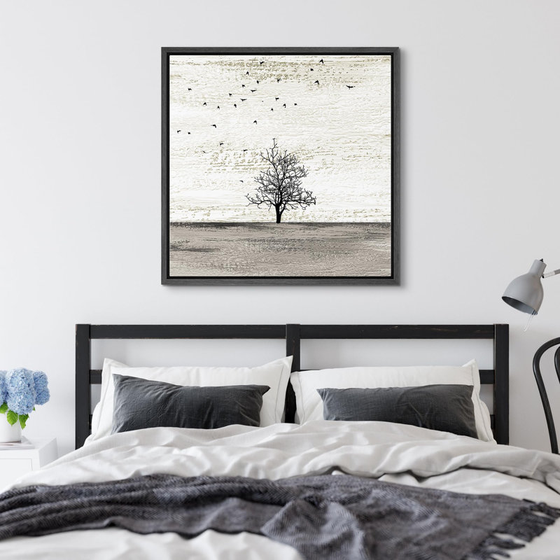 Oiseaux qui volent au-dessus d'un champ gris avec des animaux sauvages, reproduction d'art moderne sur toile, Noir