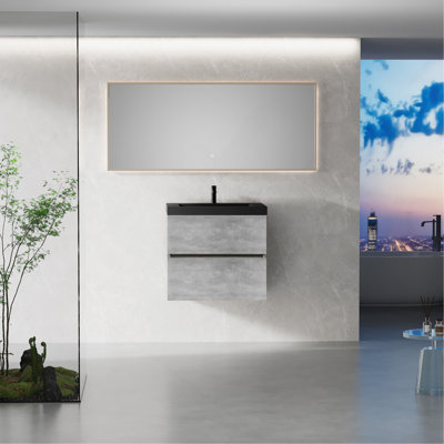 Meuble-lavabo flottant 24 po avec lavabo, meuble de rangement mural avec lavabo à quartz noir et tiroirs à fermeture en douceur entièrement assemblés