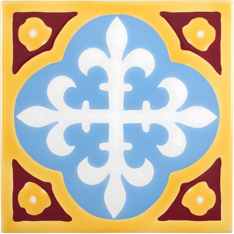 Tuile décorative en céramique 4" x 4" fleur-de-lis en bleu/jaune Mediterranean