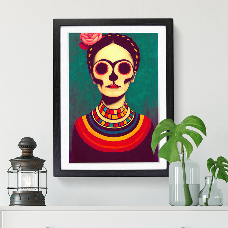 FRM-V0523-1062X Frida Kahlo Sugar Skull - Single Picture Frame Print, Black Framed, 46cm H x 34cm W x 2cm D