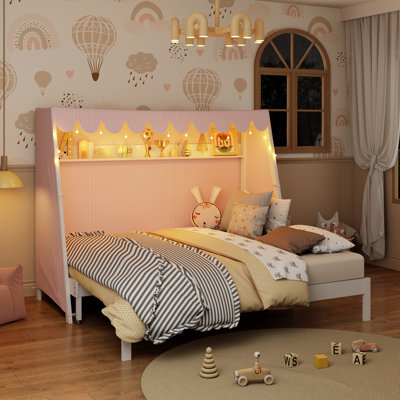 Twin XL House Bed with Trundle, Tent, Storage Shelf & LED Light, Kids Bed, White