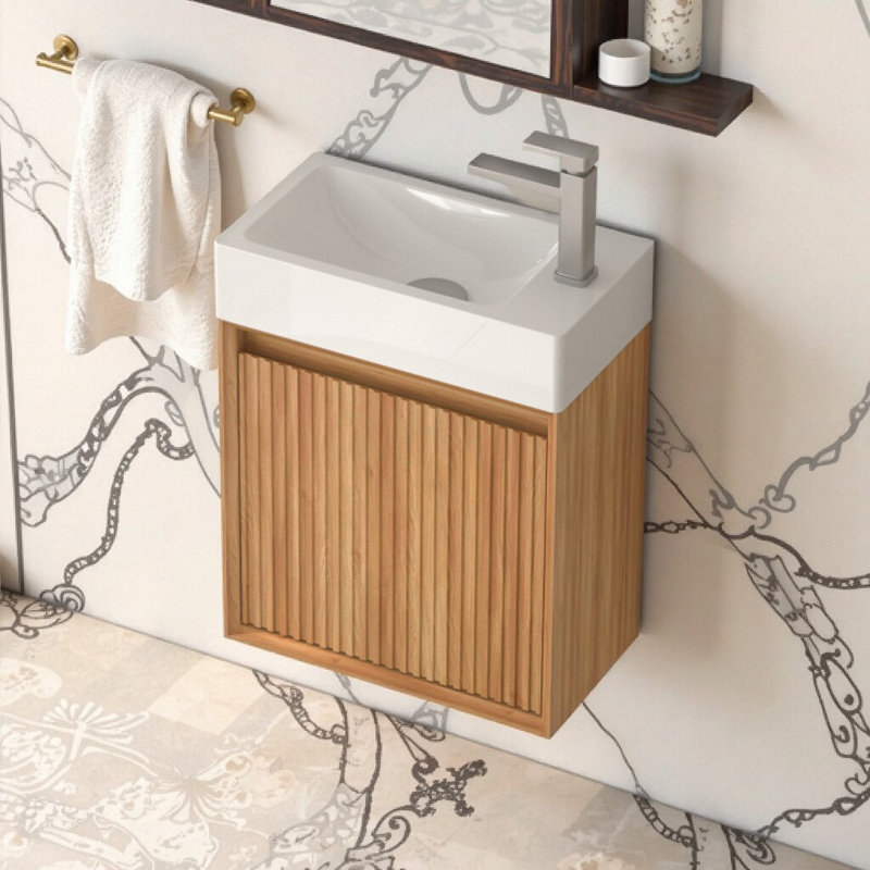 Meuble-lavabo mural 16 po - Bois d'acacia, lavabo SMC et porte à fermeture en douceur | Conception moderne peu encombrante pour les petites salles de bain