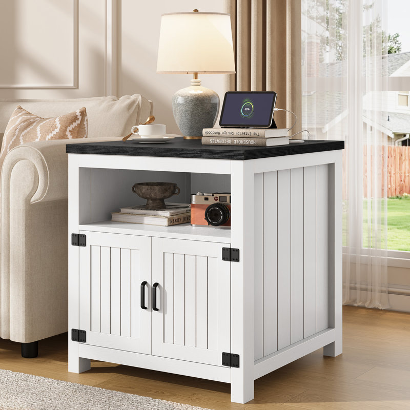 Table de bout 24 po avec station de charge et rangement, Plateau noir / base blanche