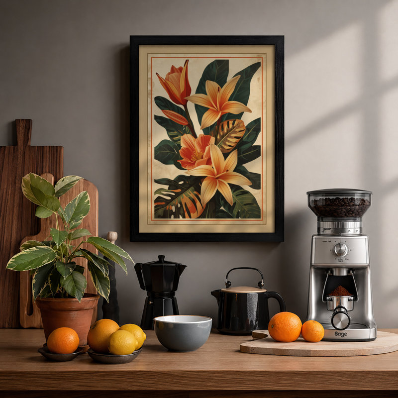 Orange Blooms Study Botanical - Framed Print, A4 - 29.7 x 21.0 cm, Black