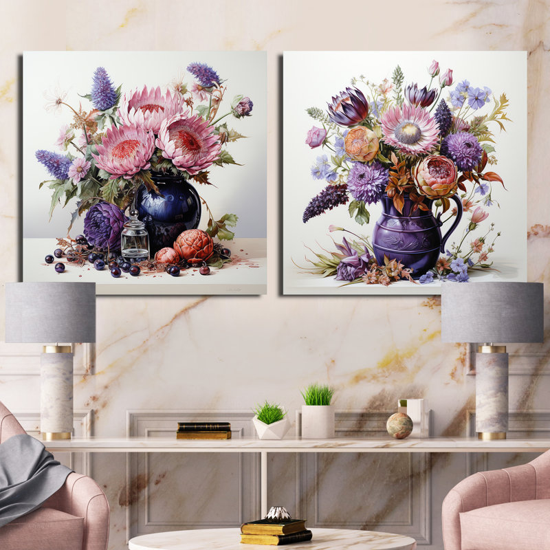 "Nature morte bouquet de chardon" 2 pièces, Toile tendue, H 36 po x l 73 po