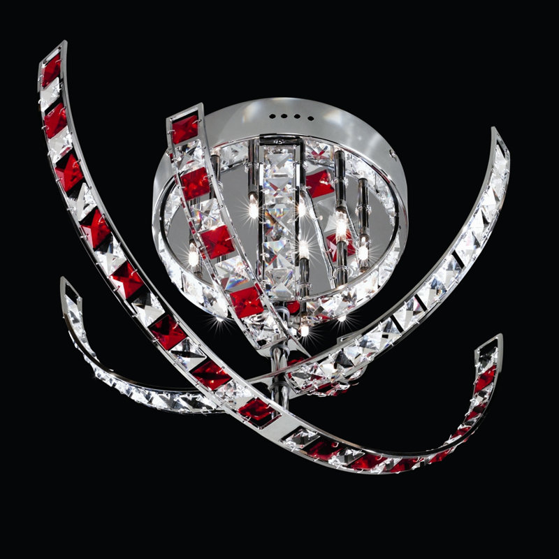 Ceiling light 12-flame, 50 cm, Crystal, red and polished chrome
