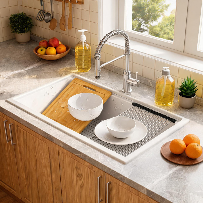 Évier de cuisine encastré de 84 cm (33 po) en composite de quartz blanc avec bonde arrière
