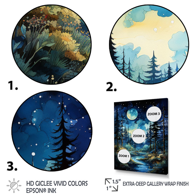 «Blue Pine Tree Midnight Serenity II», reproduction sur toile flottante, H 32 po x l 24 po x P 1 po, Encadrement doré