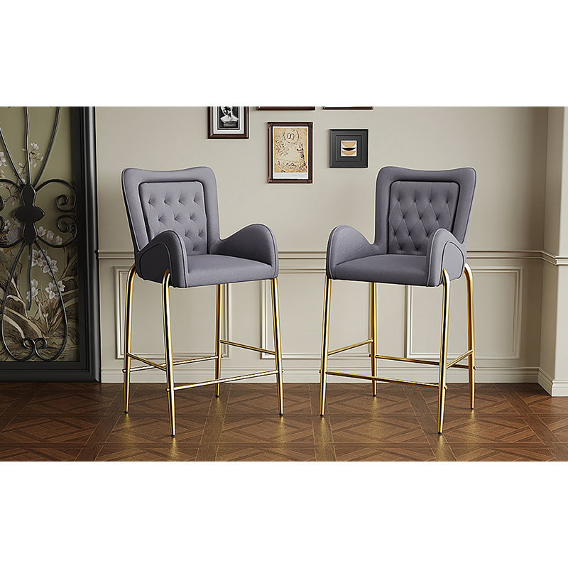 Ensemble de 2 tabourets de bar à hauteur de comptoir 28,75 pouces, tabourets en velours avec pieds et repose-pieds dorés, gris