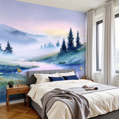 Watercolor Forest Peel and Stick Wallpaper Tranquil Pine Forest Landscape Foggy Hills Sunrise Wall Murals 100"H x 144"W Removable PVC Wall Paper Self-Adhesive Wall Decor for Bedroom Living Room Home Office