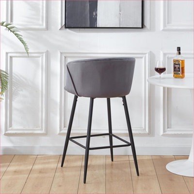 Counter Height Chair Seating Bar Stools Set of 2, Velvet Upholstered Black Metal Legs, Charcoal Gray for Kitchen Island Pub Adults