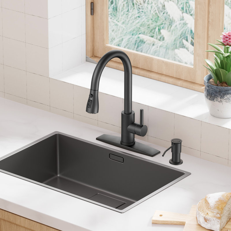 FURUISI Pull Down Single Handle Kitchen Faucet with Soap Dispenser, Matte Black