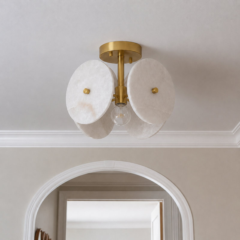 9.8" 1-Light Modern Brushed Brass Unique/Statement Semi-Flush Mount With White Jade Marble Shade For Hallways, Stairwells & Dining Rooms（60% Off Limited Time Only）