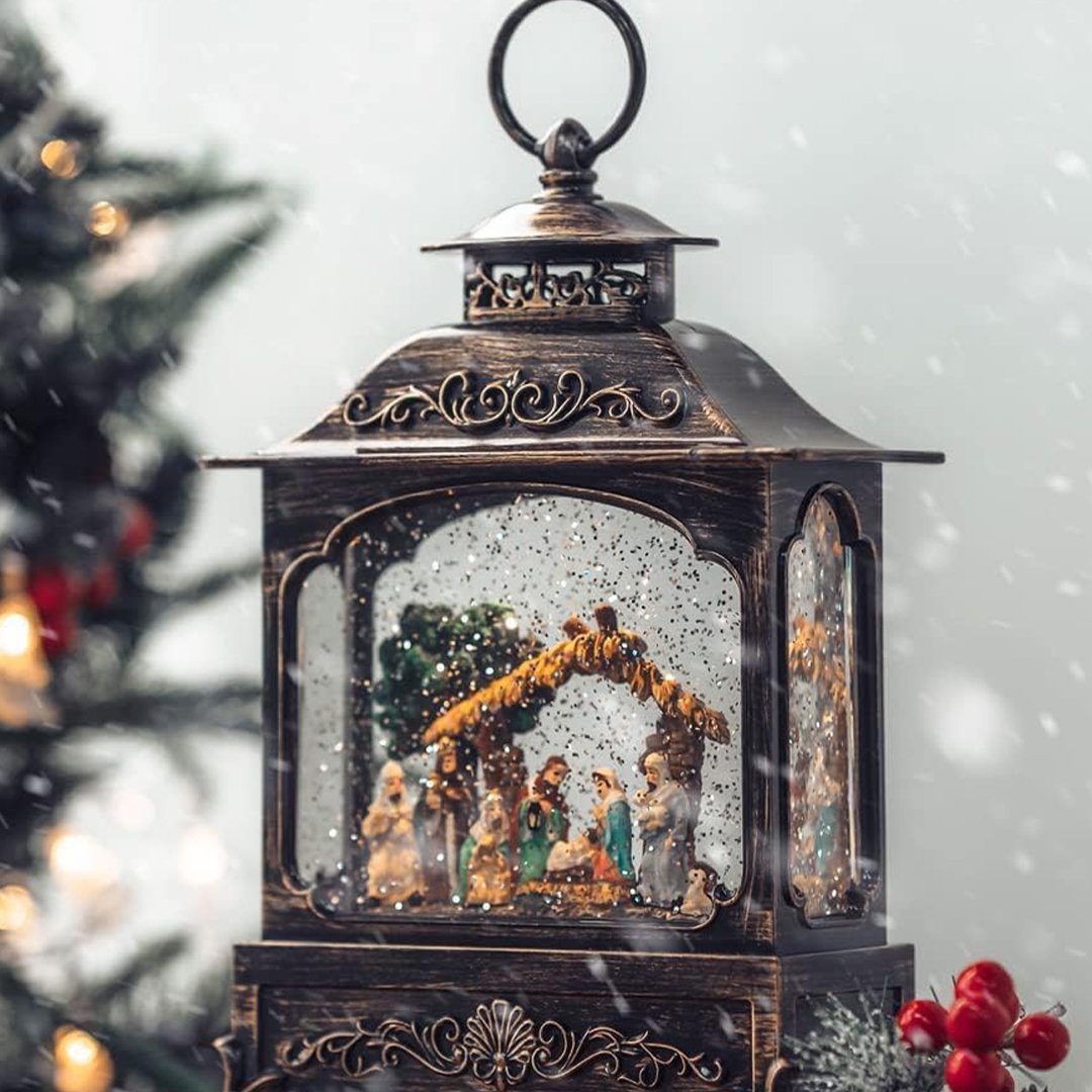 The Holiday Aisle® 12 LED Lantern With Rotating Christmas Scene, Faux  Snow, And Music