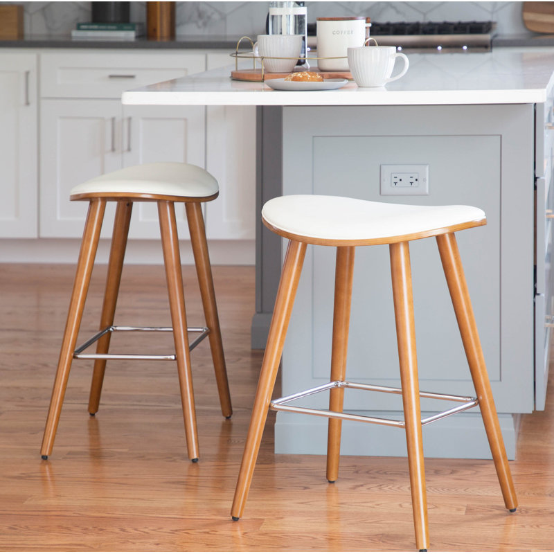 Tabouret de comptoir 25 po Cabott, Similicuir blanc, Walnut Wood/Chrome Metal