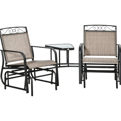 Brown Garden Glider Chairs With Practical Table - 2 Rocking Chair Swing, Airy Sling, For Patio And Backyard Coffee Patio, Breathable Fabric, Steel, Finish