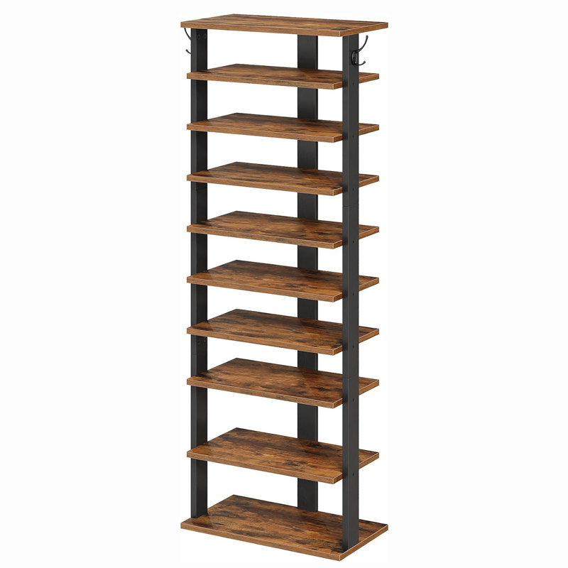 Narrow 10 - Tiers Shoe Storage Tower, Wooden Shoe Rack with Hooks, Rustic Brown