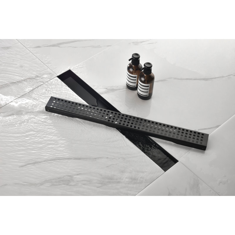 Drain de douche linéaire avec grille à motif, 24 x 2,75 x 2 po, acier inoxydable, 1 pièce, drain linéaire, noir mat, crépine