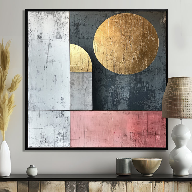 Motif géométrique abstrait géométrique doré rose et gris, H 16 po x l 16 po, Impression encadrée flottante