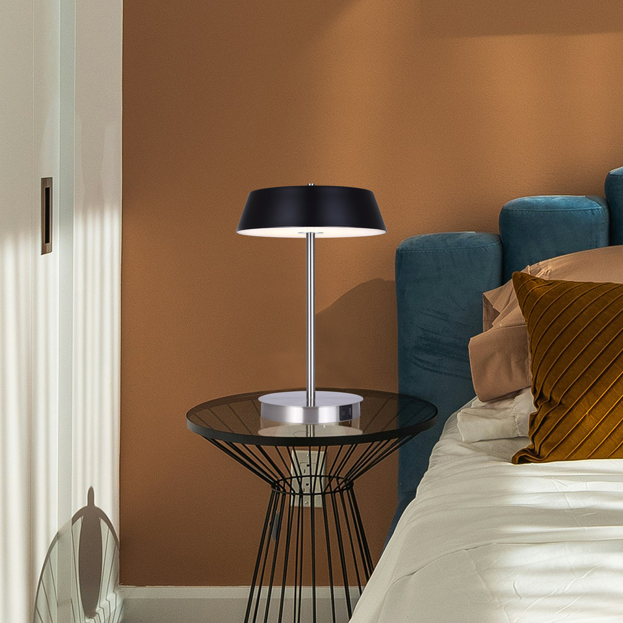 Pretoria 14 In. Integrated LED Brushed Nickel Table Lamp With Teal Metal Shade, On/Off Touch, And USB Chargeports, Silver