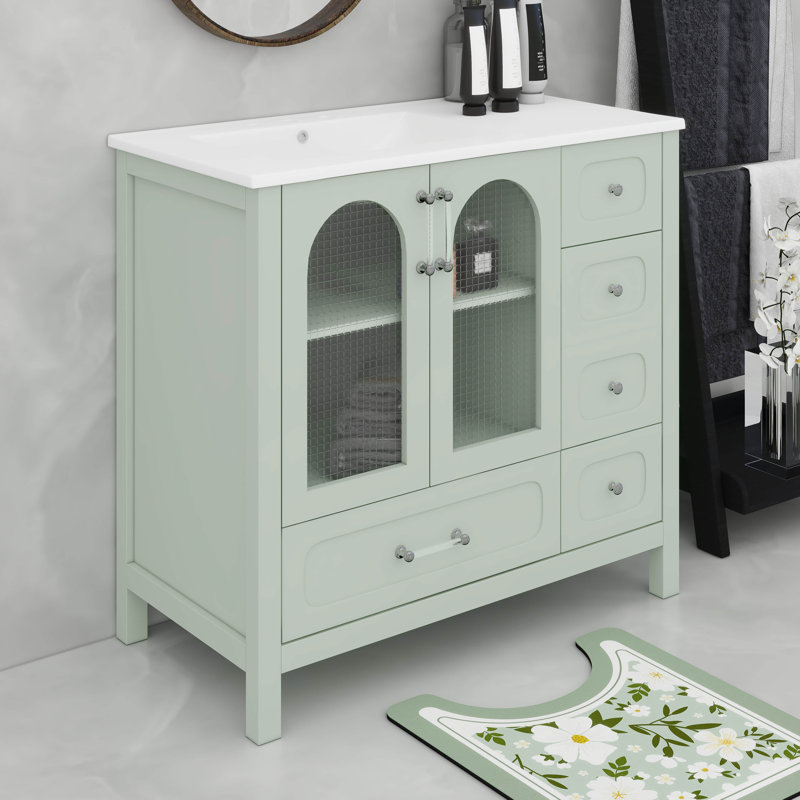 Meuble-lavabo 36 po avec lavabo en céramique, armoire de rangement pour salle de bain avec portes en verre texturé gaufré, 4 tiroirs