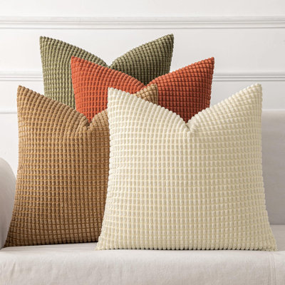 Ensemble de 4 housses de coussin Farmhouse 18 x 18 po brun-vert | Coussins décoratifs modernes et rustiques naturels, taies d'oreiller neutres et chaudes en velours côtelé, décoration intérieure pour canapé-lit
