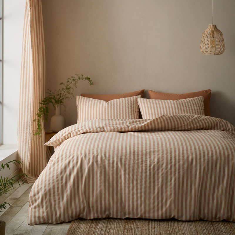 Cotton Rich Woven Stripe Cotton Blend Striped Duvet Cover Set, Single, Clay