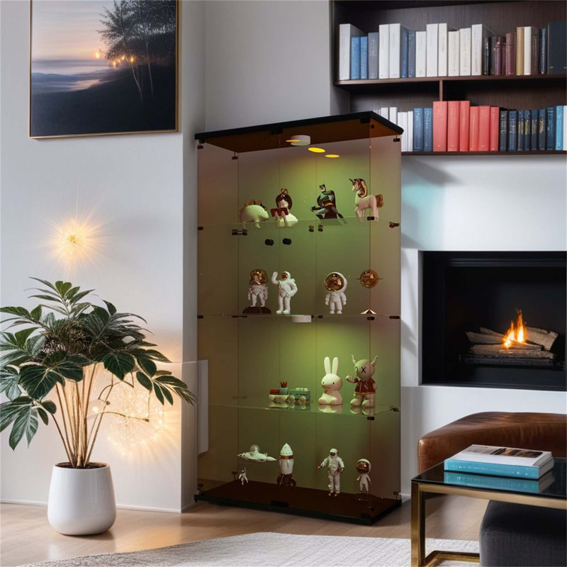 Vitrine lumineuse en verre à deux portes avec 4 tablettes, parfaite pour mettre en valeur des objets de collection et rehausser le décor de la pièce