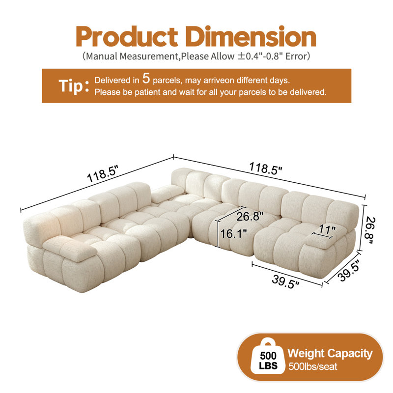 Canapé modulaire rembourré en V 118,5 po 118 pièces, Beige, V Shaped