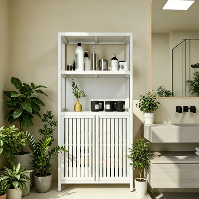 Armoire de rangement en bambou blanc, armoire de salle de bain séparée avec 2 portes, armoire de plancher pour le salon, la cuisine et l'entrée