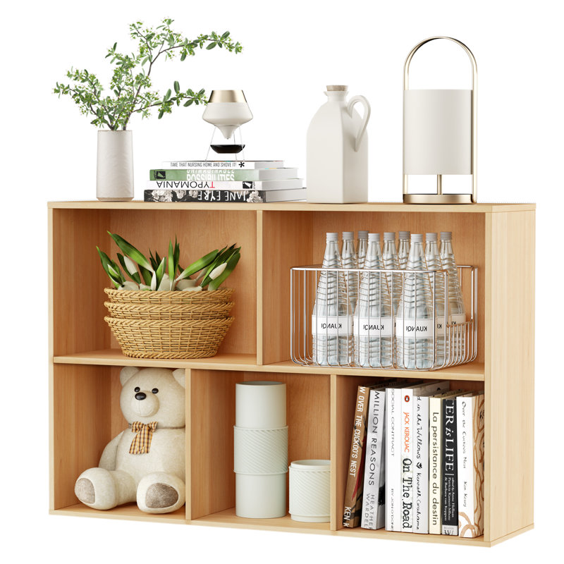 5-Section Closed Back Bookcases, Modern Open Storage Shelf Display Cabinet, Natural Oak