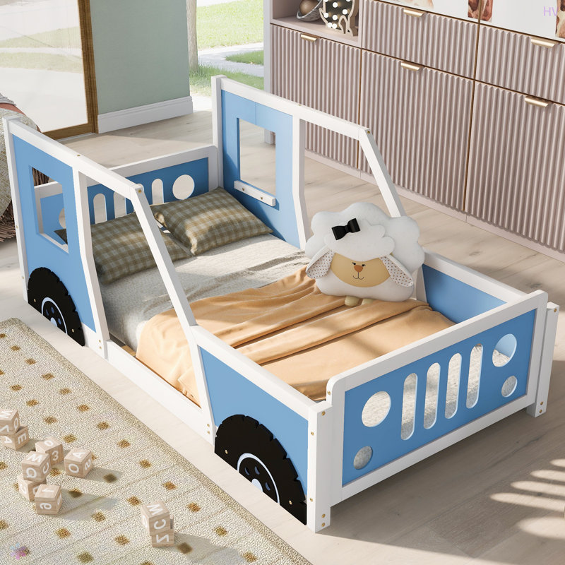 Annecorinne Car-Shaped Wooden Bed,Platform Bed,Bed Frame, Twin, Blue/White