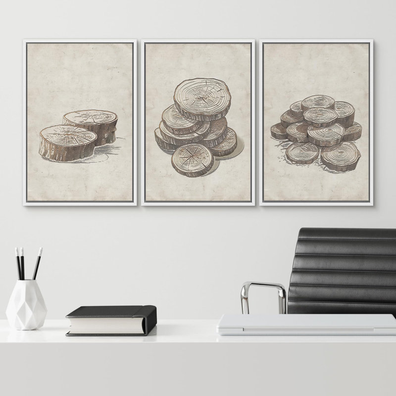 "Anneau d'arbre en bois gris pastel, dessins abstraits, art moderne, décor minimaliste contemporain", 3 pièces, Blanc