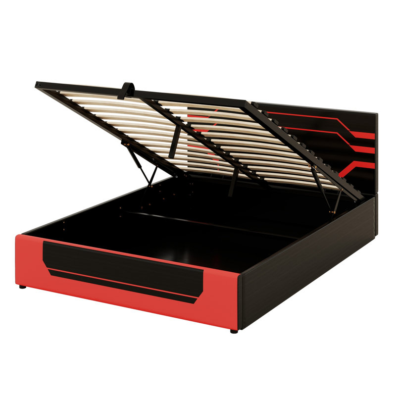 Base de lit à rangement hydraulique, lit plateforme Esports pour les joueurs et les jeunes de la génération Z, Noir et rouge