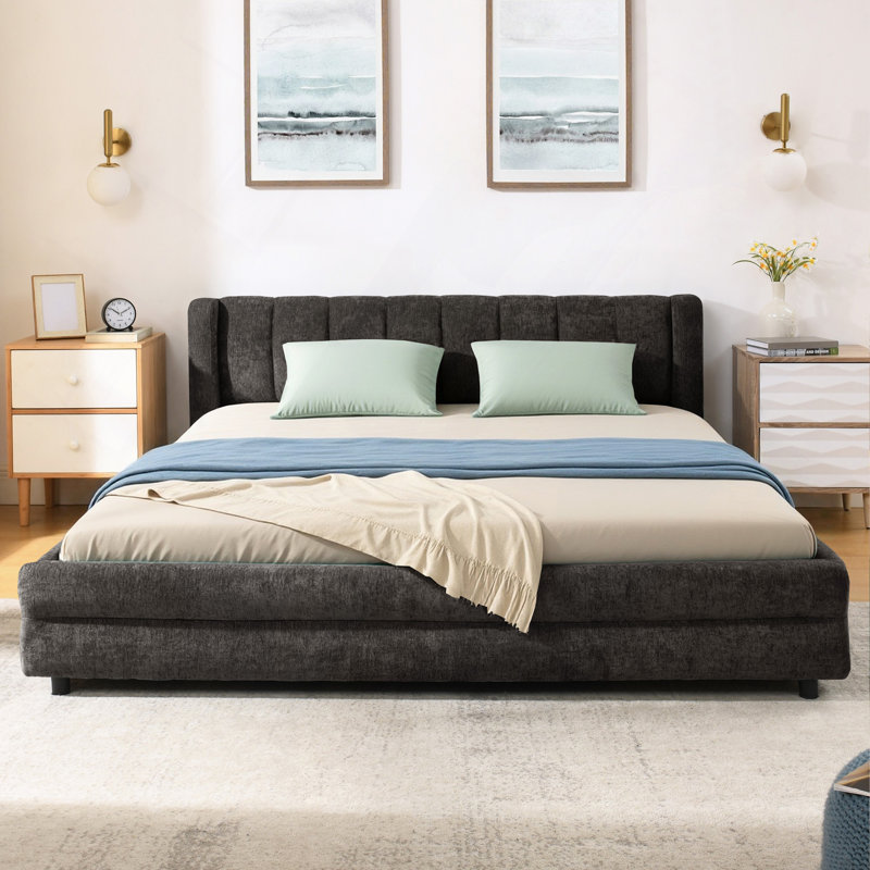 Cadre de lit rembourré avec tissu épais, cadre de lit rembourré confortable, tissu chenille, avec tête de lit et cadre de lit solide. Avec tiroir pour le rangement (86 po x 68,5 po x 67 po)