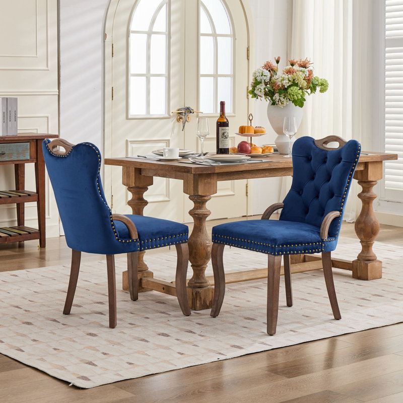 Harlow Tufted Upholstered Velvet Dining Chairs with Wood Arms and Nailhead Trim, Blue