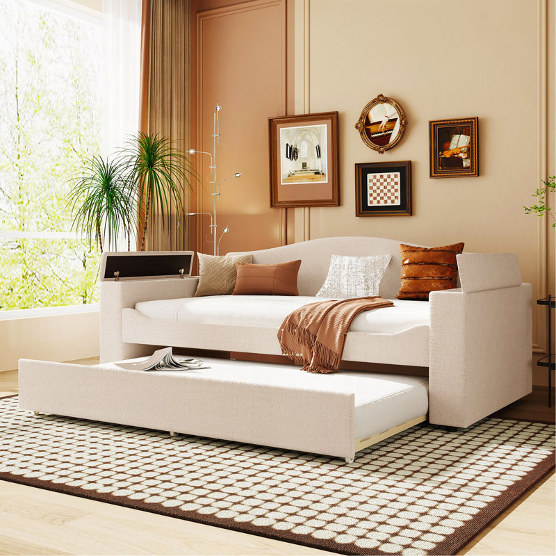 Twin Size Upholstered Daybed With Storage Armrests, Trundle And Latest Integrated Bluetooth Audio System, Teddy Fleece, Beige