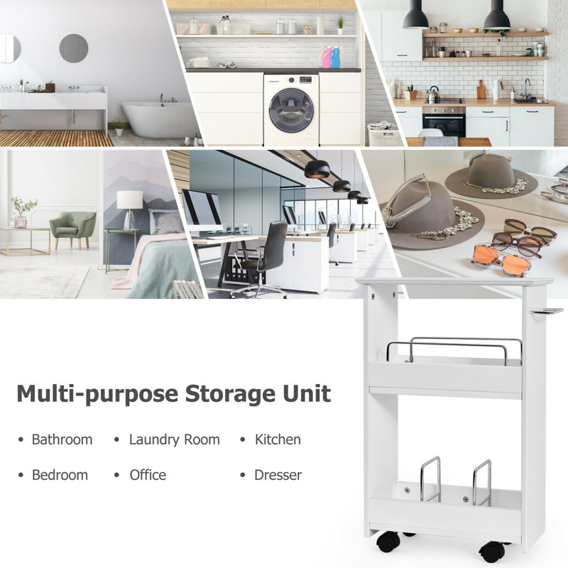 White Slim Rolling MDF Storage Cabinet with 3 Shelves